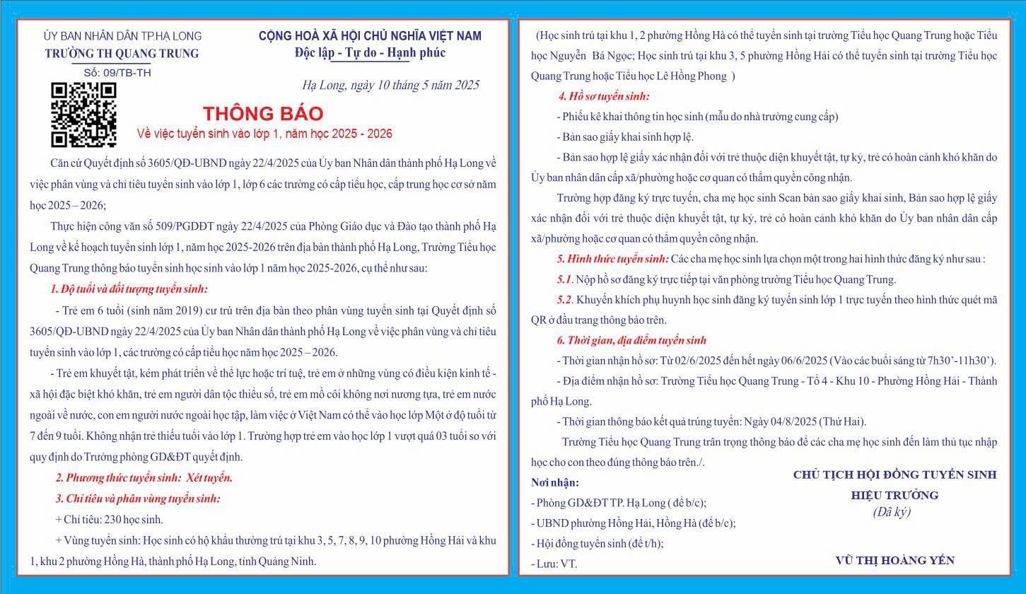 Thông báo tuyển sinh lớp 1 năm học 2025–2026